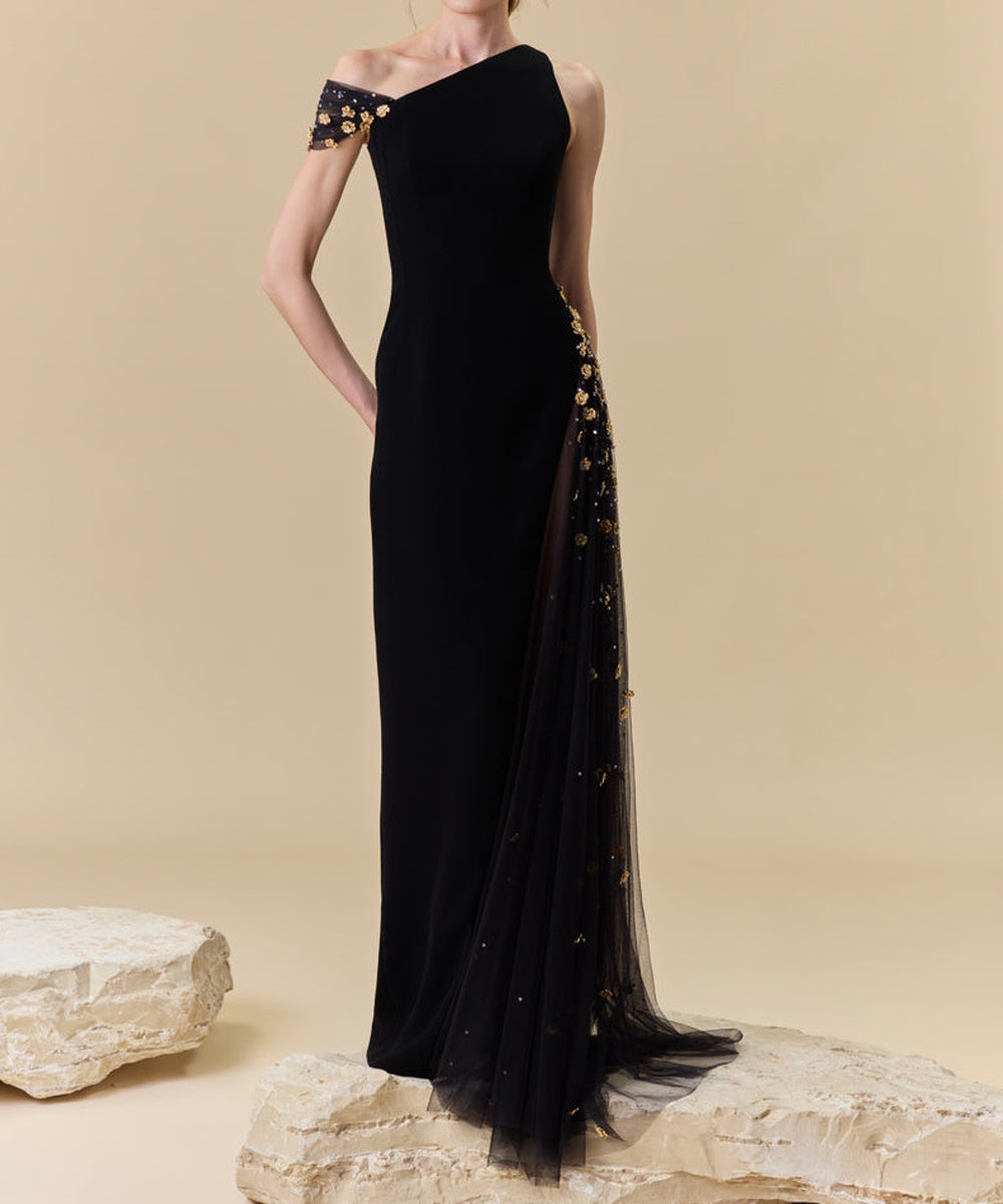 Asymmetrical One Shoulder Black Gown With Gold Floral Tulle Slit