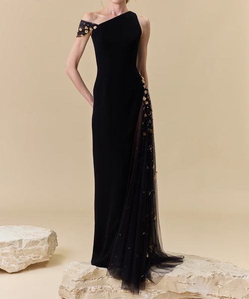 Asymmetrical One Shoulder Black Gown With Gold Floral Tulle Slit