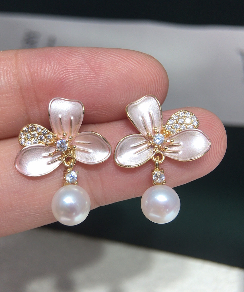 Soft Pink Enamel Flower Crystal Pearl Drop Dangle Stud Earrings