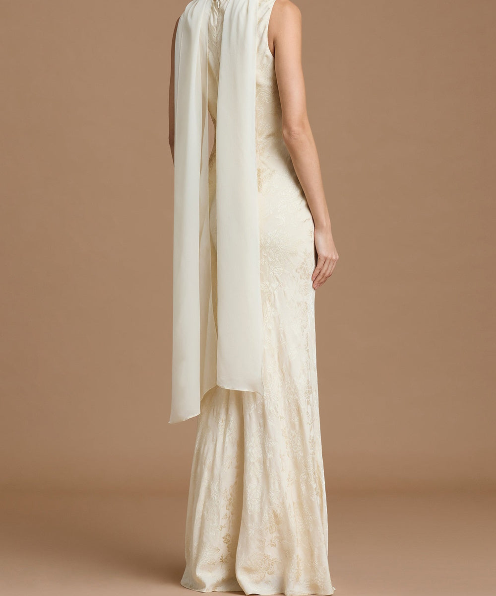 Cream Sleeveless Floral Jacquard Mermaid Maxi Evening Dress with Chiffon Neck Sash