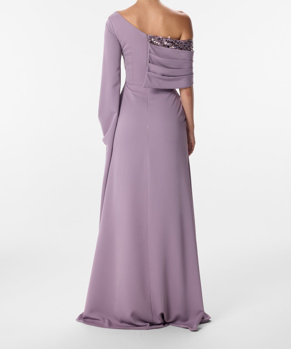Dusty Lavender Asymmetric Off Shoulder Sequin Trim Flared Sleeve Mermaid Evening Gown