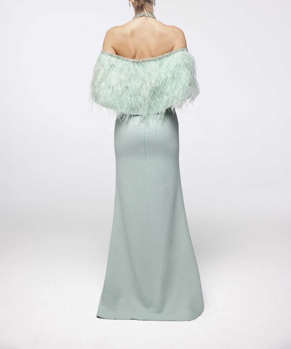 Mint Green Halter Off Shoulder Feather Beaded Mermaid Evening Gown