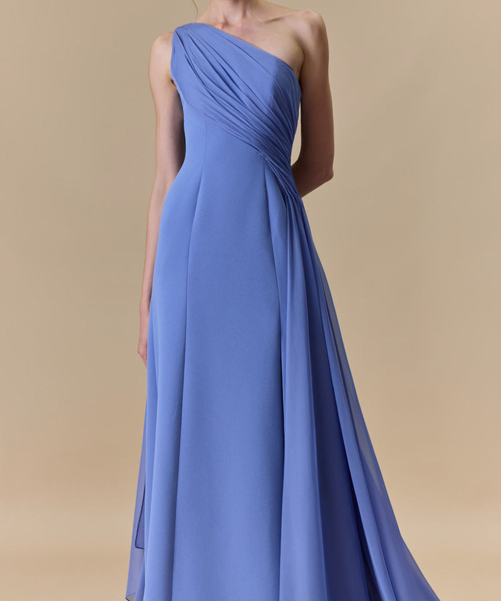 One Shoulder Draped Chiffon A-Line Evening Gown