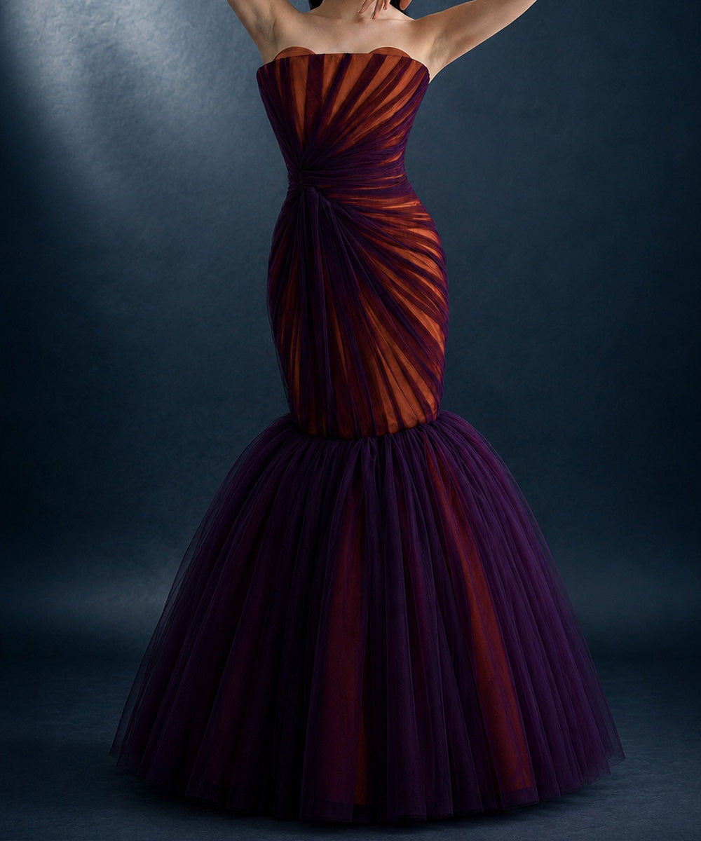 Strapless Pleated Tulle Mermaid Evening Gown In Purple And Burnt Orange