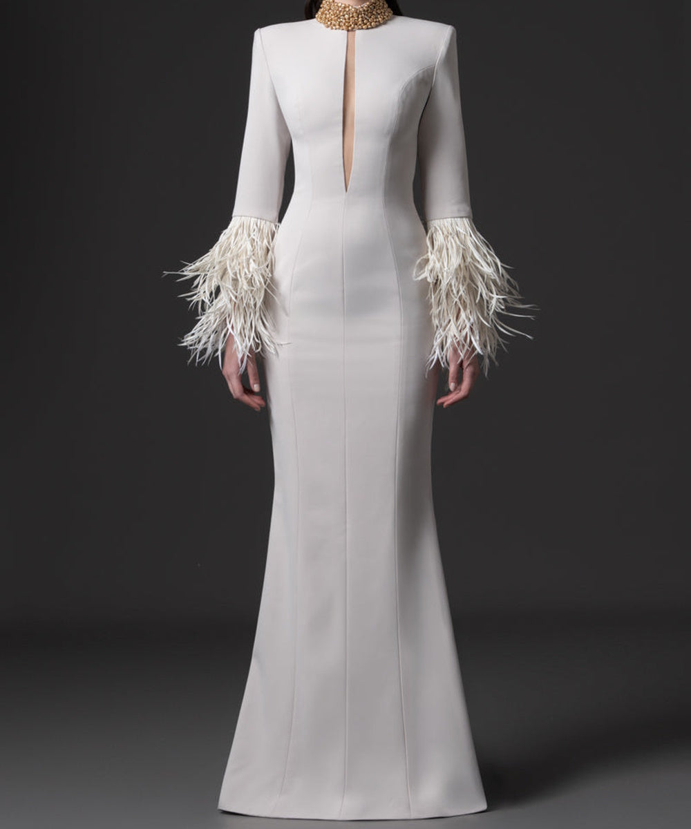 White High Neck Keyhole Front Feather Cuff Long Sleeve Mermaid Maxi Evening Gown