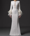 White High Neck Keyhole Front Feather Cuff Long Sleeve Mermaid Maxi Evening Gown