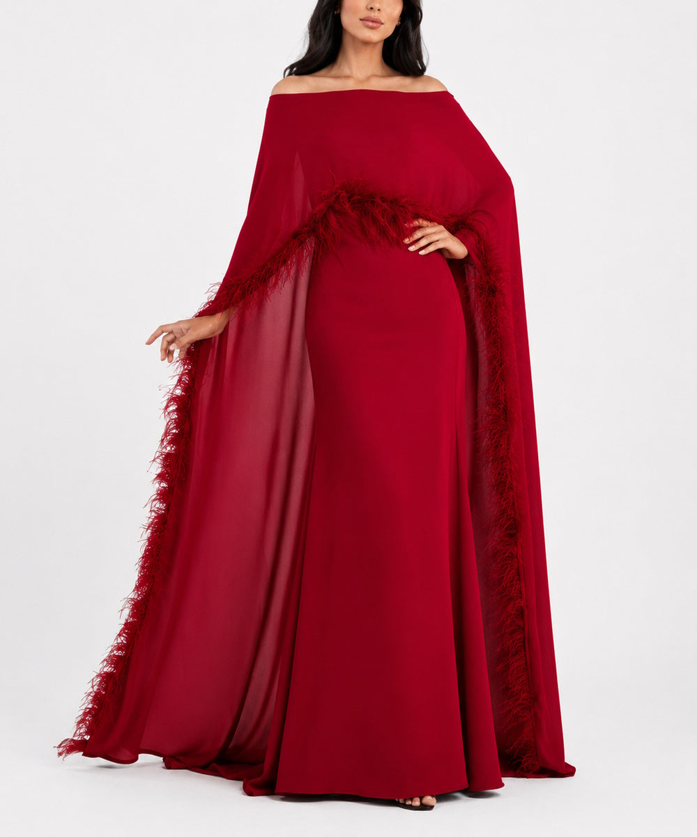 Burgundy Off Shoulder Mermaid Gown With Feather Trim Cape