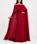 Burgundy Off Shoulder Mermaid Gown With Feather Trim Cape