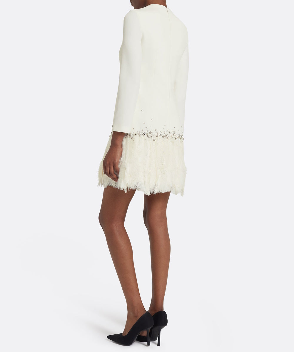 Cream Long‑Sleeve Mini Shift Dress With Crystal Beading And Feather Hem