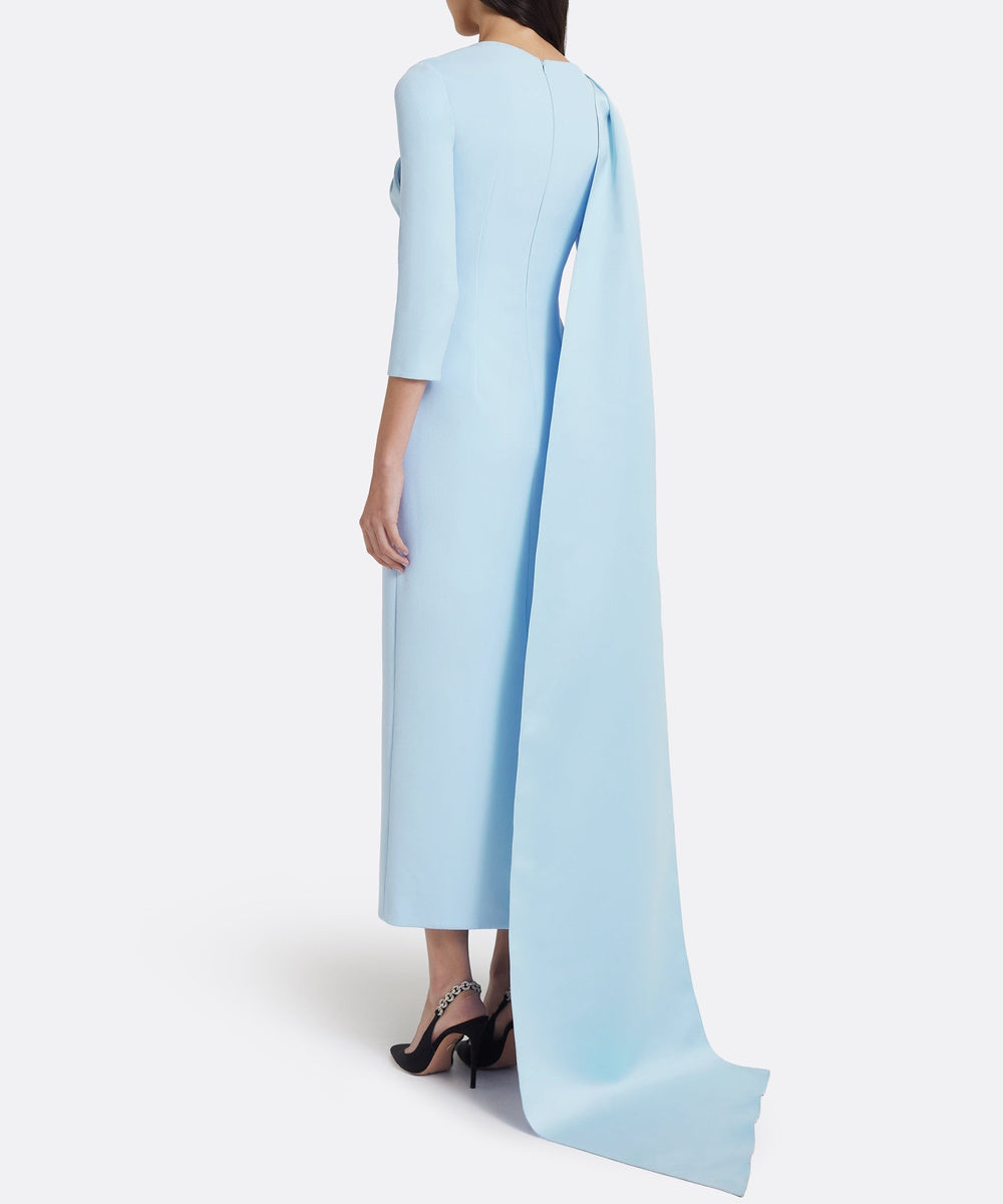 Light Blue Draped Asymmetric Neck Midi Sheath Gown With Back Satin Cape Train