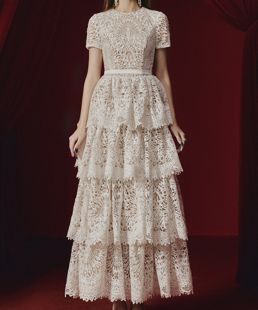 White Short Sleeve Tiered Lace Maxi Dress