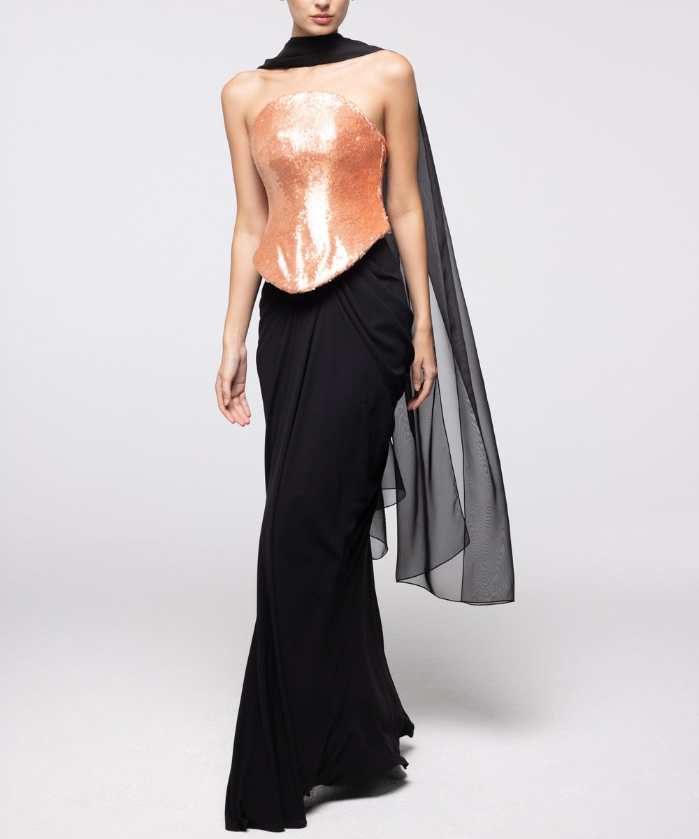 Rose Gold Sequin Corset with Black Chiffon Cape Draped Maxi Evening Gown