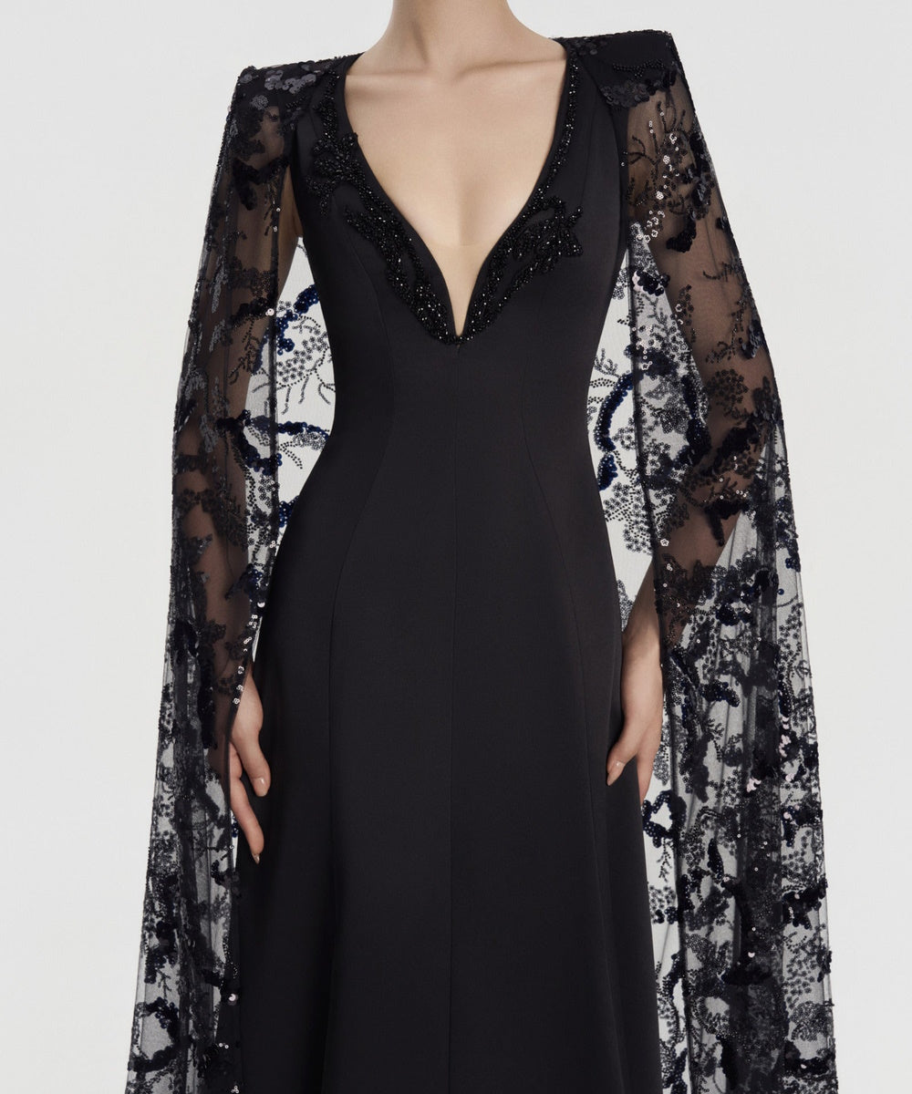 Black Deep V Lace Cape Sleeve A-Line Formal Evening Gown