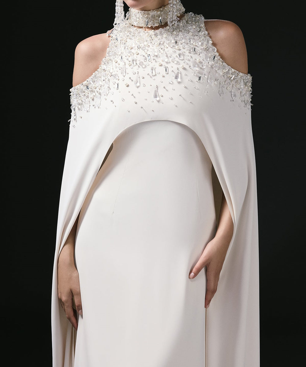 White Beaded Cold Shoulder Cape Sleeve Formal Maxi Evening Gown