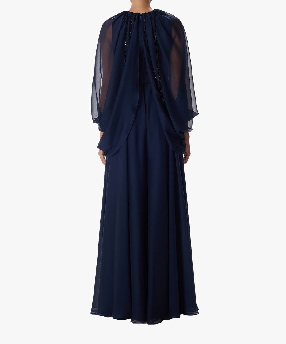 Navy Chiffon Cape Sleeve Beaded Neck Floor Length Formal Evening Gown