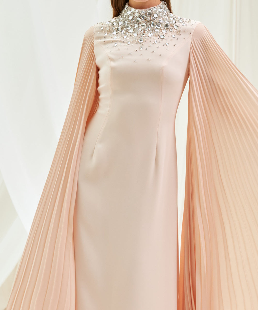 Blush Pink Crystal Beaded High Neck Pleated Cape Sleeve Formal Maxi Gown
