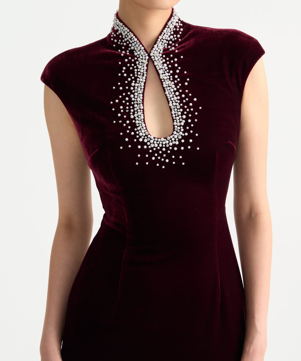 Burgundy Velvet Qipao Style Column Gown With Rhinestone Beaded Collar