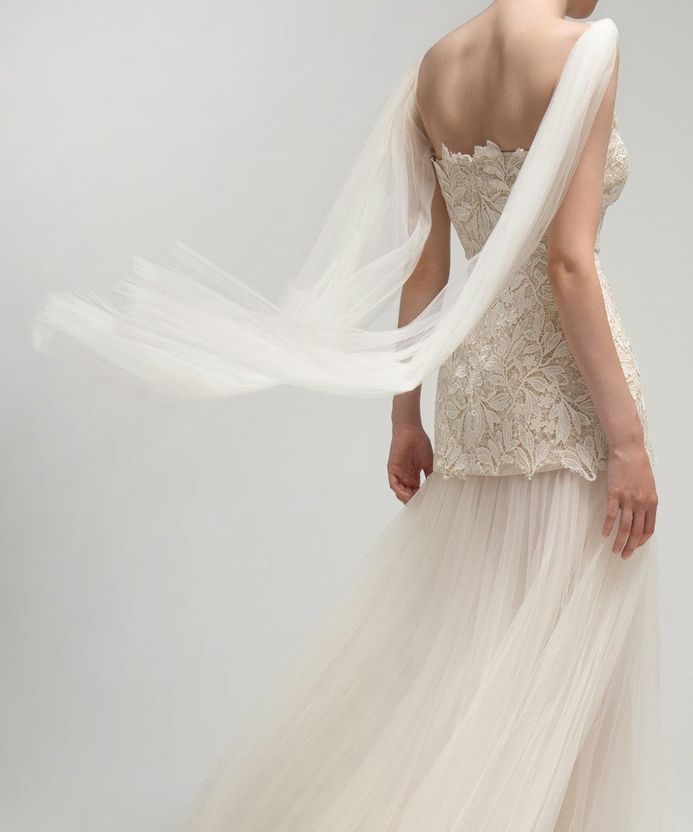 Strapless Leaf Lace Bodice Flowy Tulle Wedding Dress with Draped Shoulder Tulle Cape