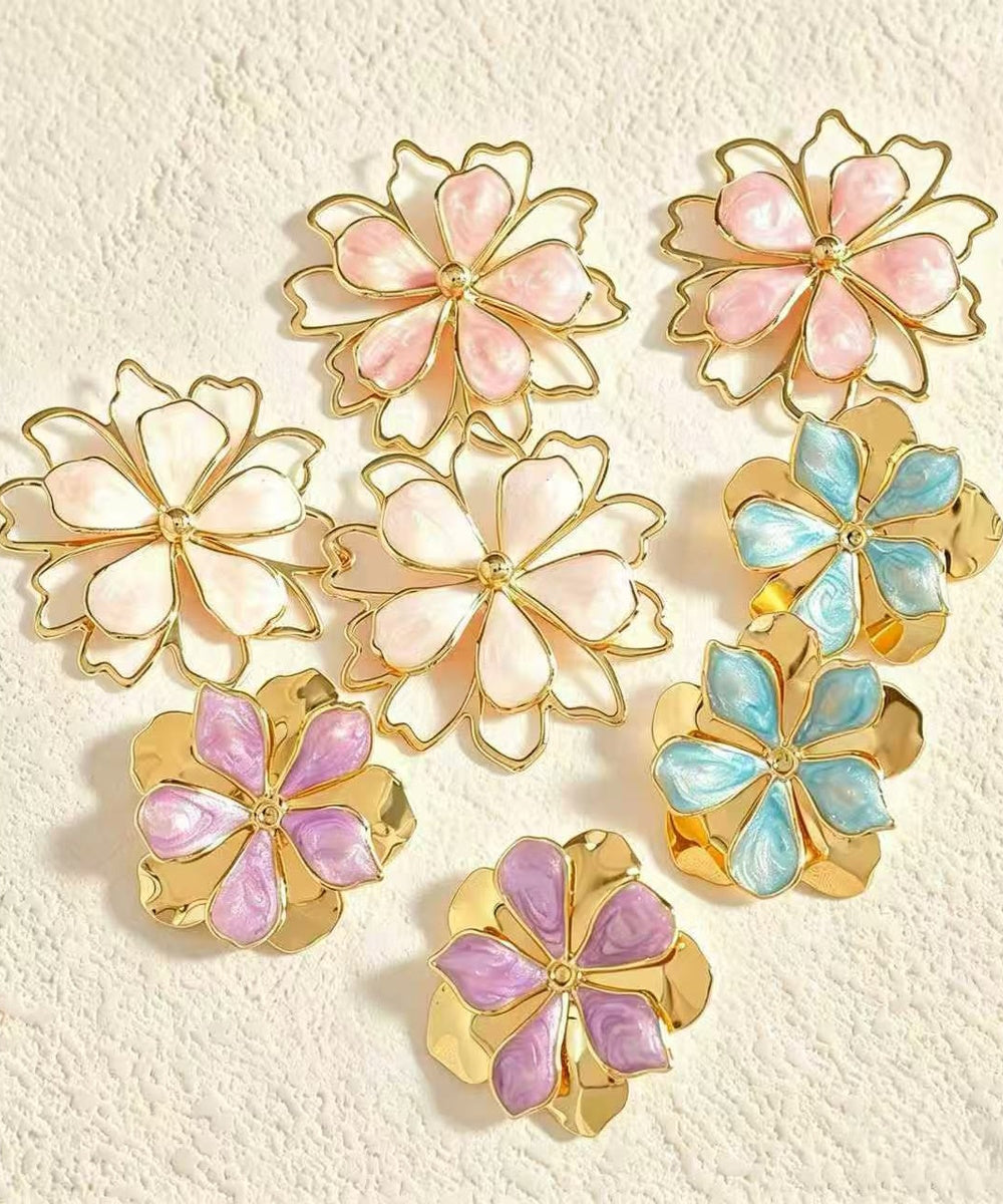 Two Layer Enamel Floral Gold Statement Stud Earrings Multi Pastel Colors