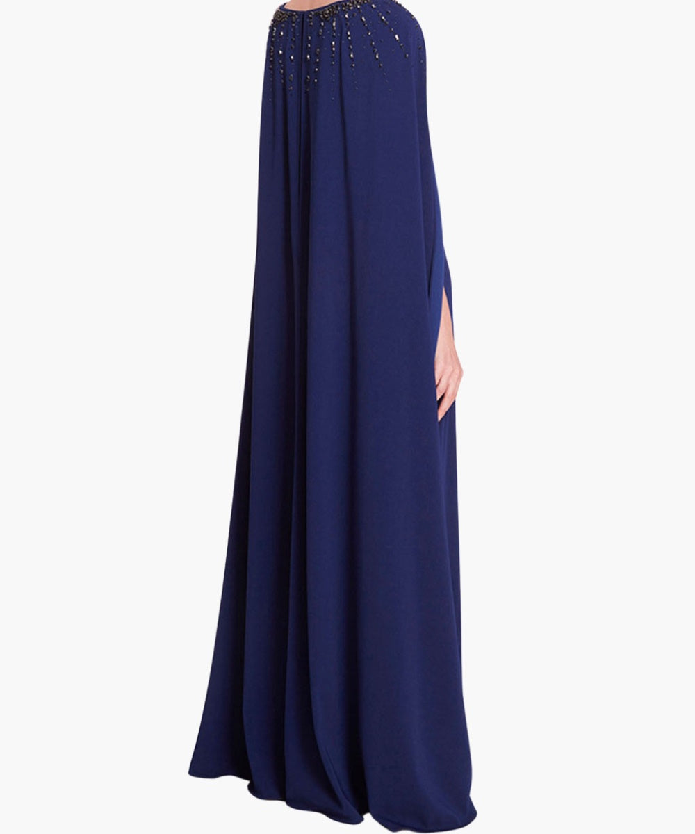 Navy Square Neck Cape Sleeve Beaded Formal Maxi Dress