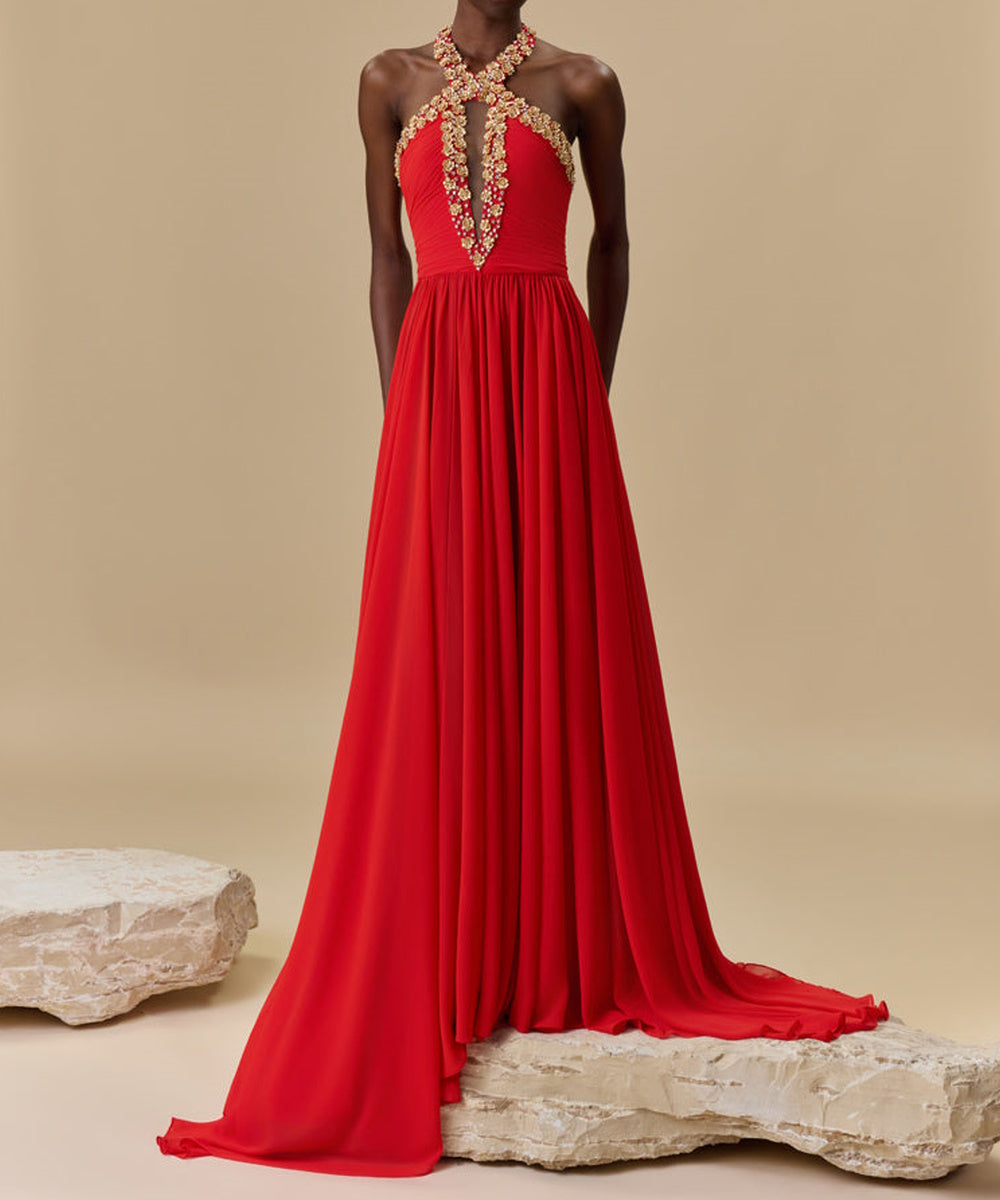 Halter Neck Red Chiffon Evening Dress With Gold Beaded Appliqués