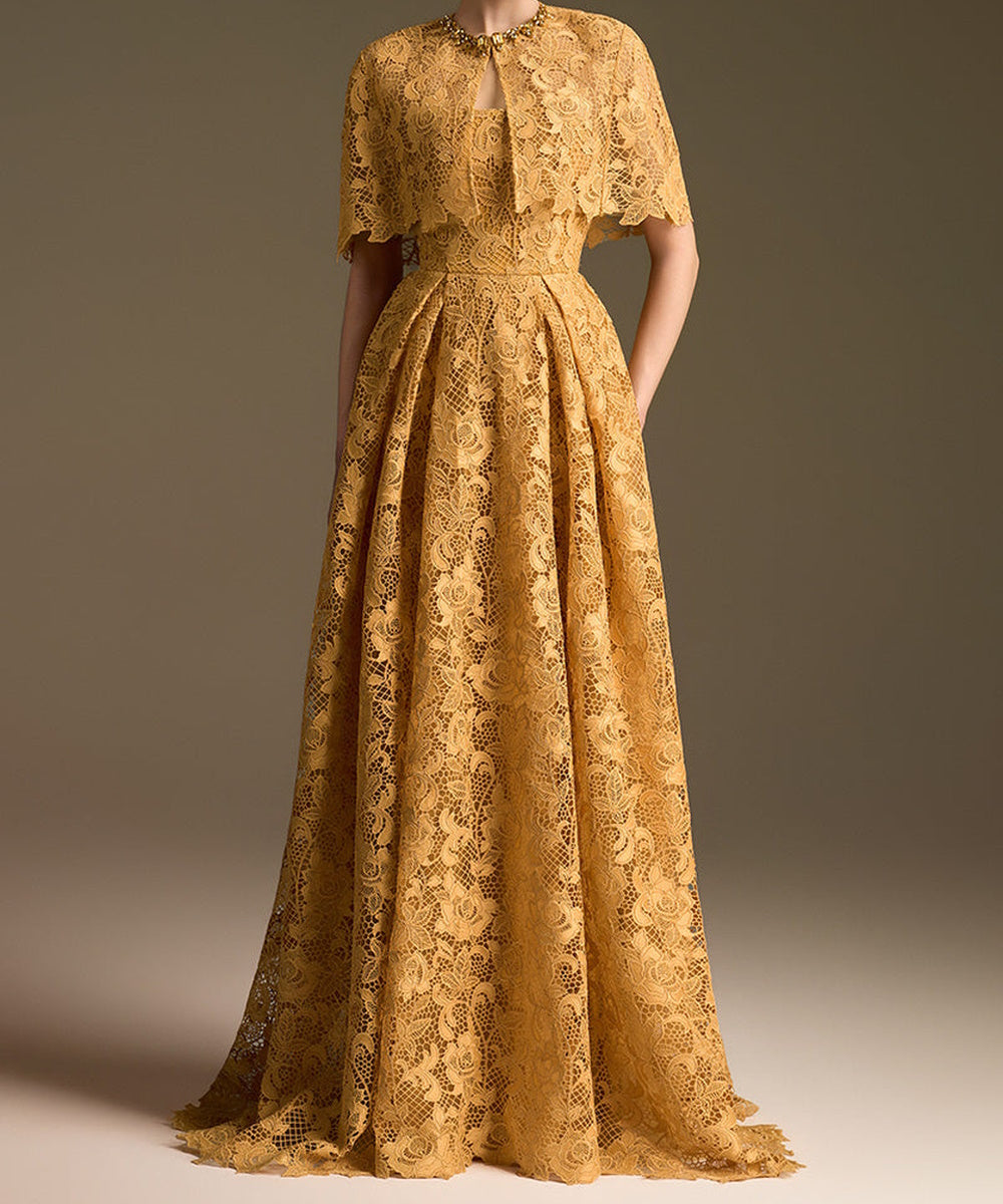 Golden Lace Cape Sleeve Maxi Formal Evening Gown