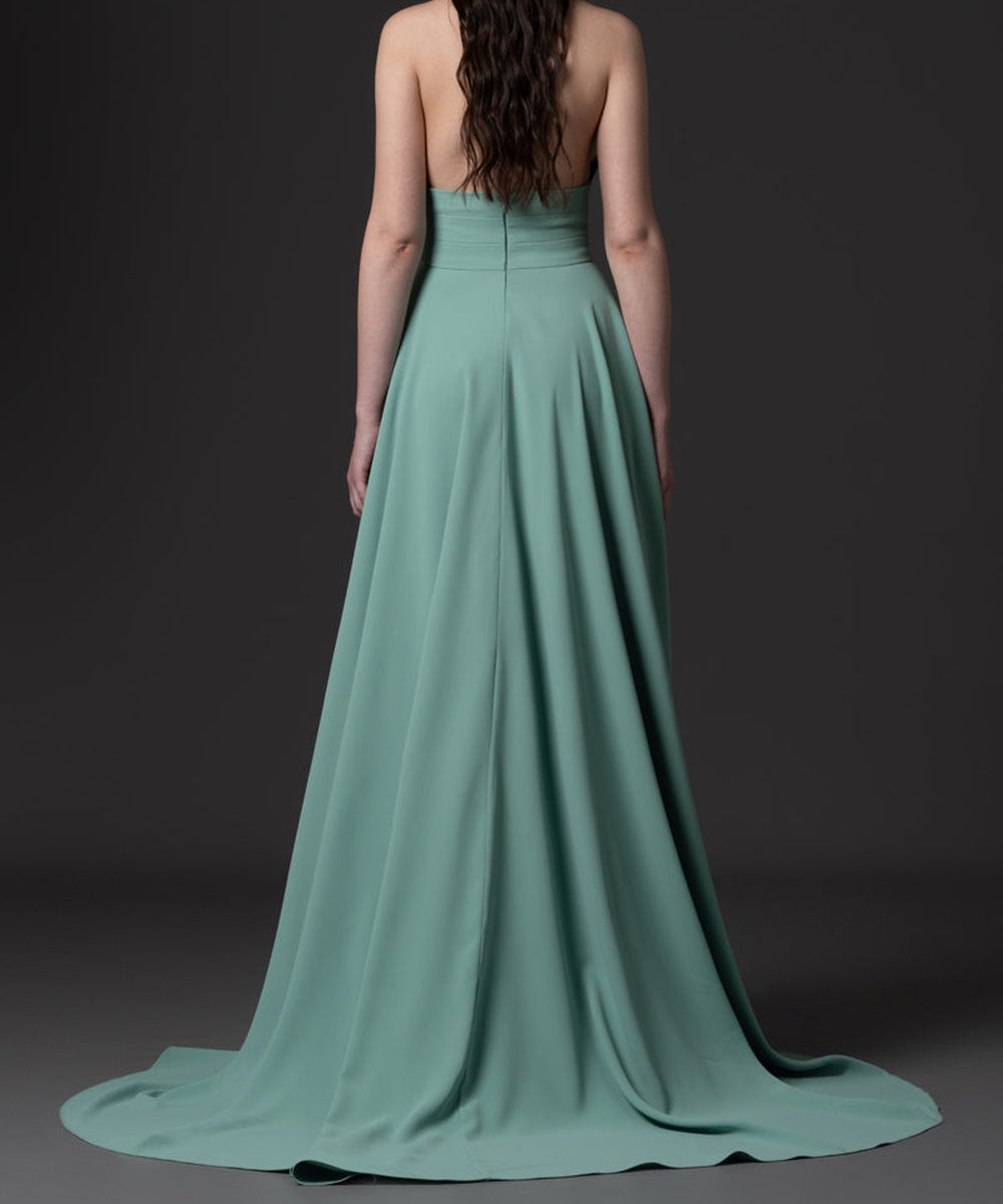 Sage Green Halter Deep V Crystal Embellished A-Line Train Maxi Evening Gown