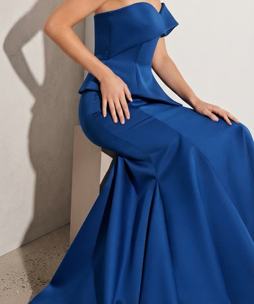 Royal Blue Strapless Asymmetric Fold Peplum Satin Mermaid Evening Gown