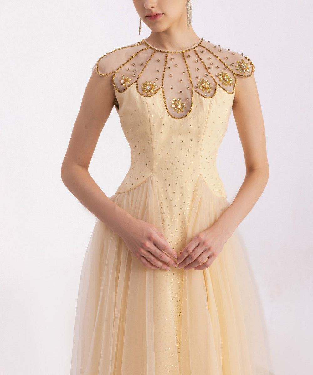 Champagne Sheer Neck Beaded Tulle A-Line Evening Gown