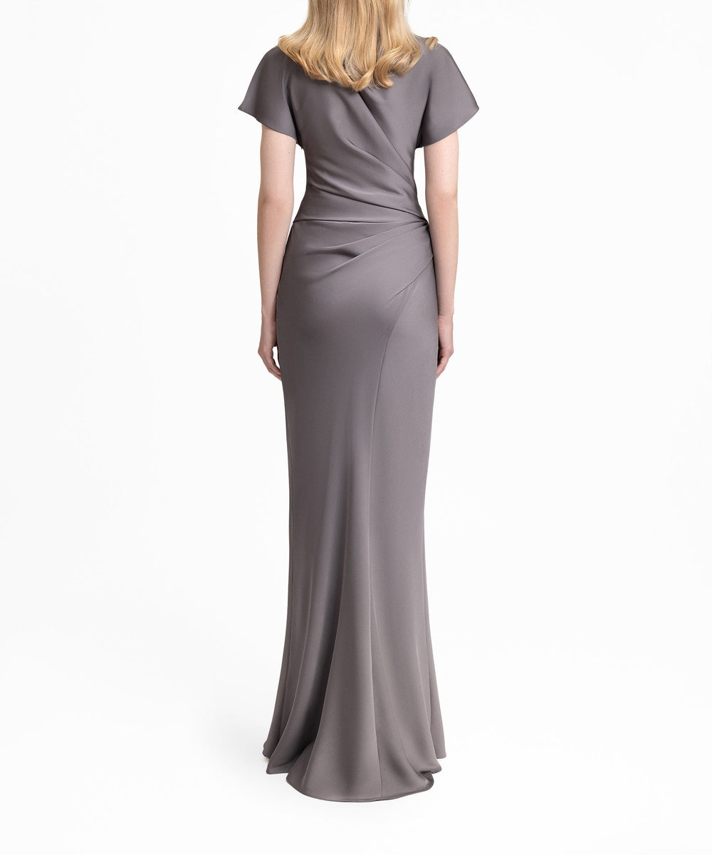 Grey Satin Cap‑Sleeve Draped Mermaid Formal Maxi Evening Gown