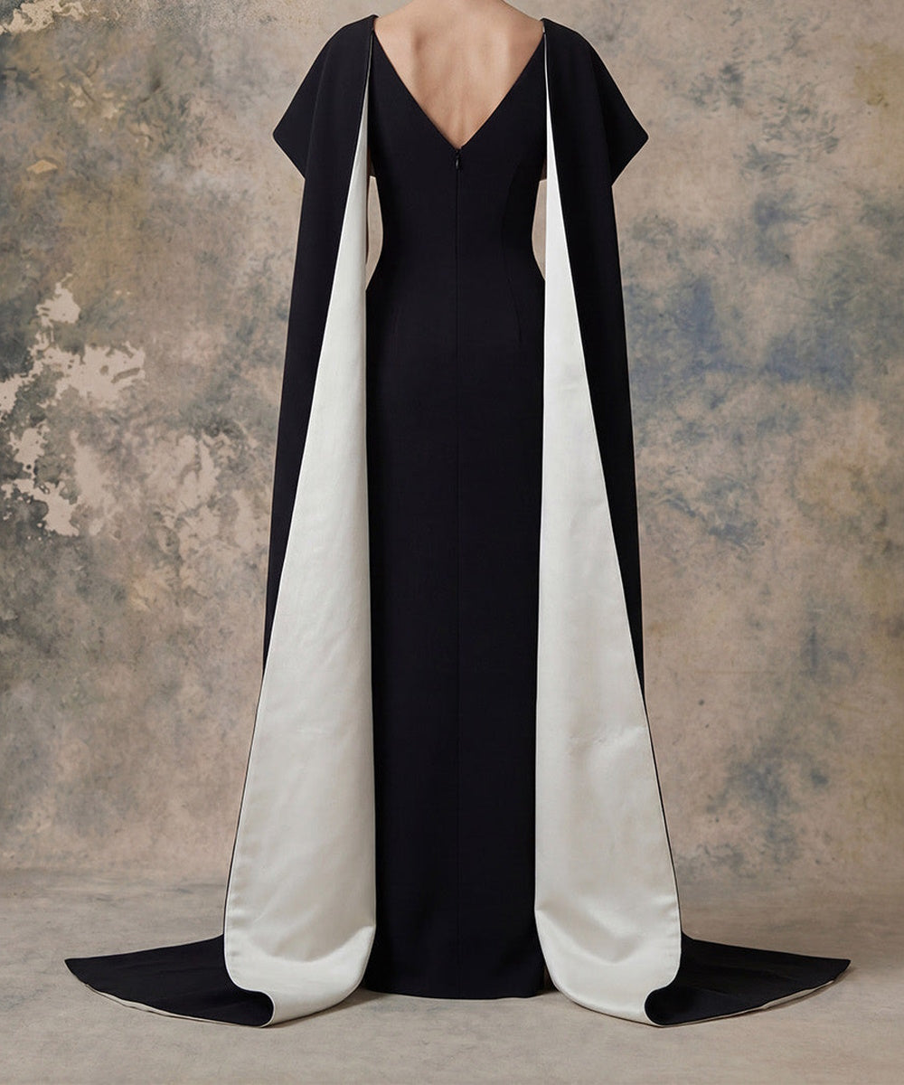 Black Crepe Sheath Gown With Contrast White Lined Cape Sleeves