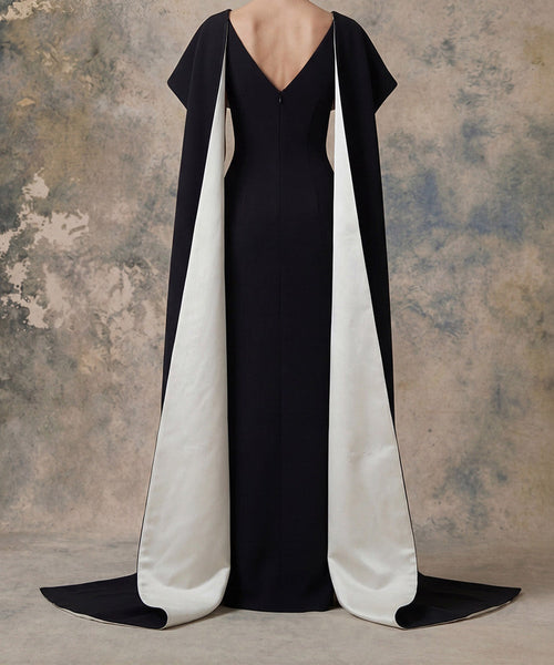 Black Crepe Sheath Gown With Contrast White Lined Cape Sleeves