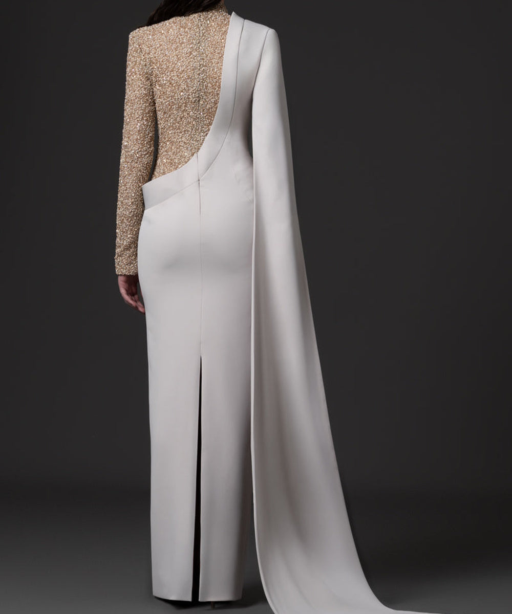 White Two Tone High Neck Gold Sequin Asymmetric Cape Sleeve Column Maxi Evening Gown