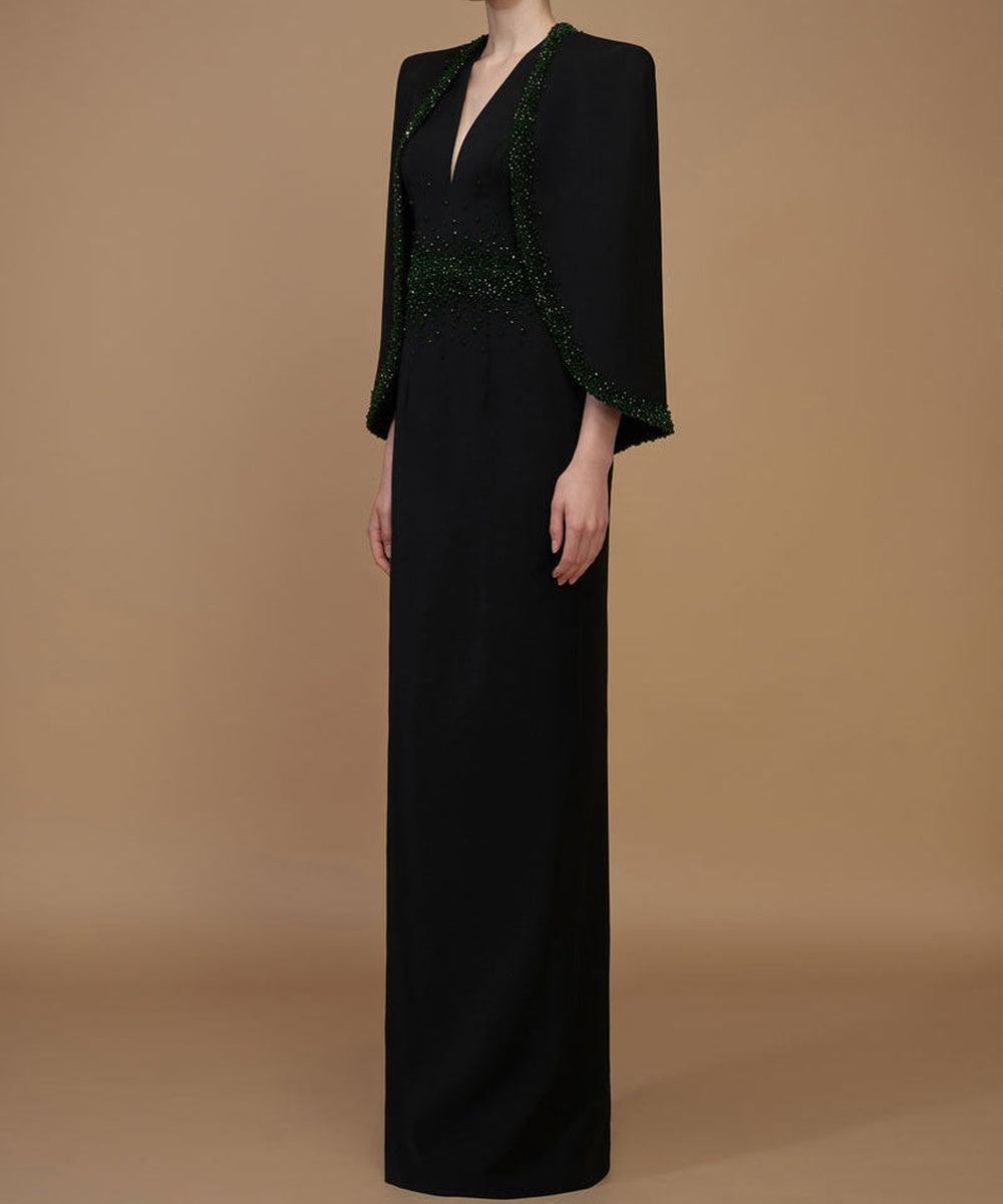 Black Deep V Cape Sleeve Emerald Green Rhinestone Waist Column Maxi Gown