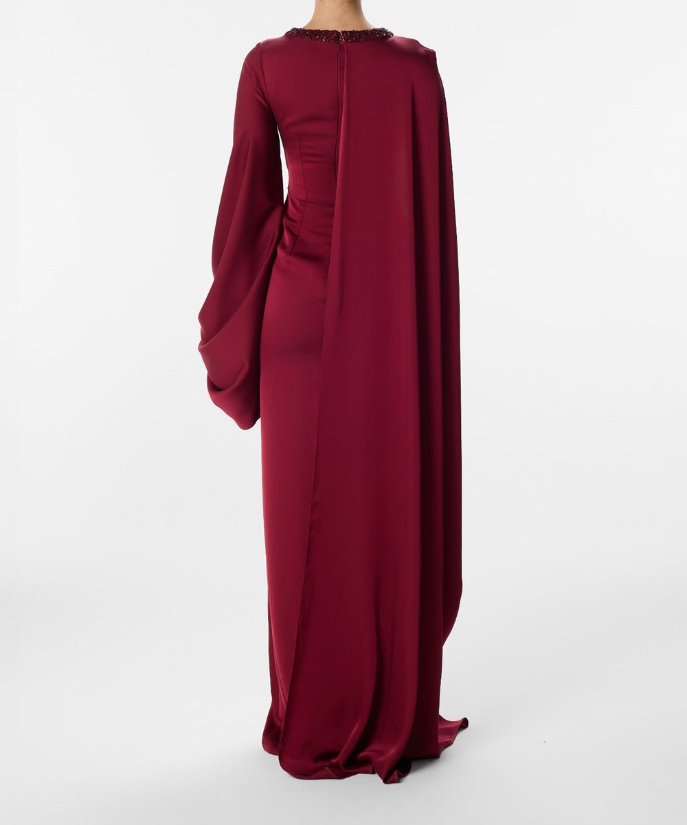 Burgundy Beaded Cape Sleeve Long Formal Evening Gown