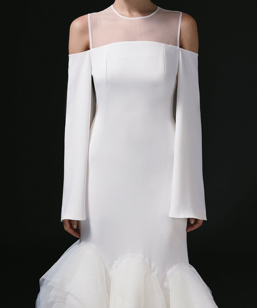White Mesh Mock Neck Cold Shoulder Long Sleeve Mermaid Gown With Voluminous Tulle Ruffle Hem