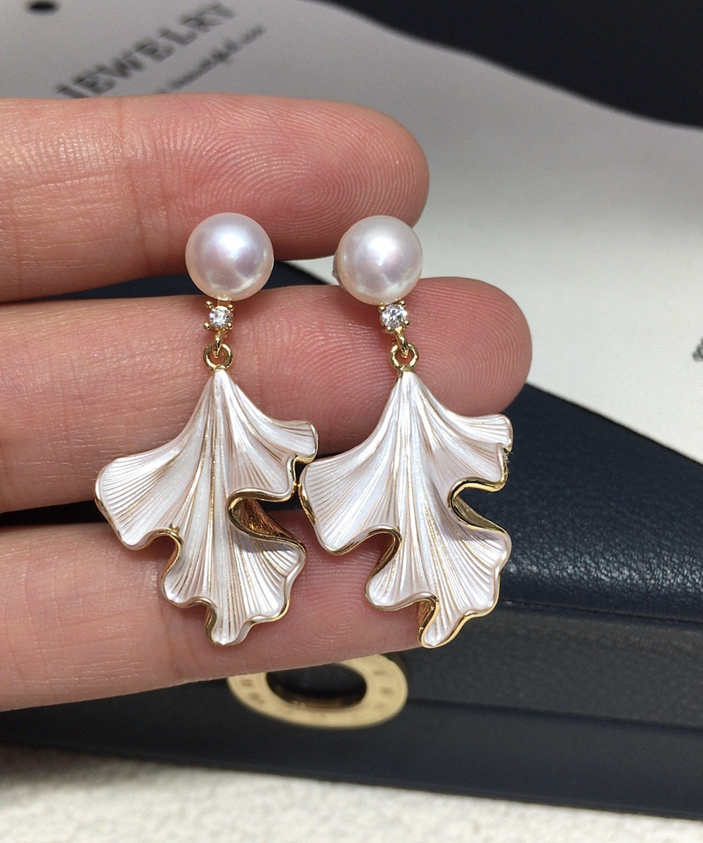 Vintage White Enamel Ginkgo Leaf Pearl Drop Dangle Earrings