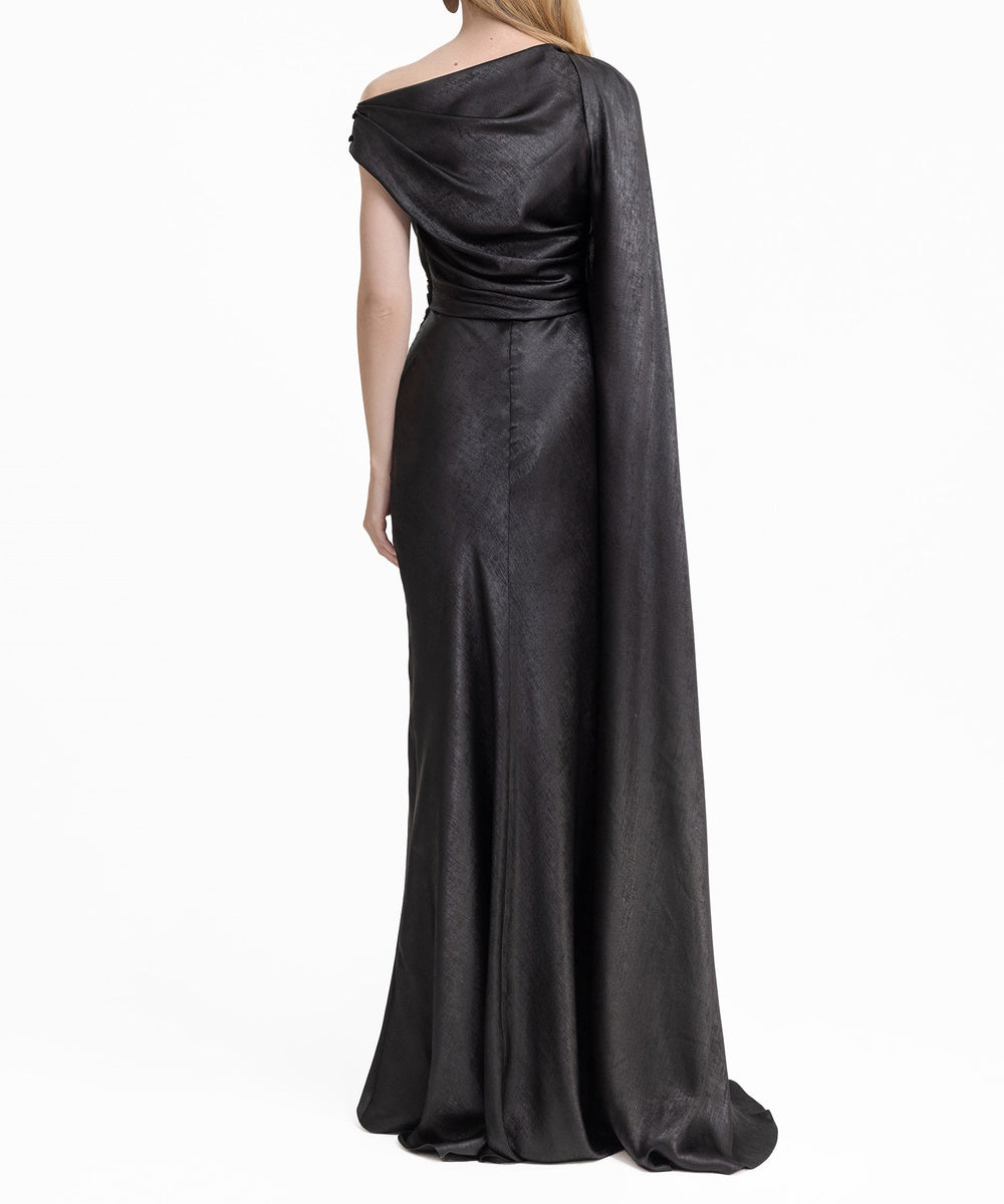 Black Metallic Satin Asymmetric Off Shoulder Mermaid Gown with Cape Drape