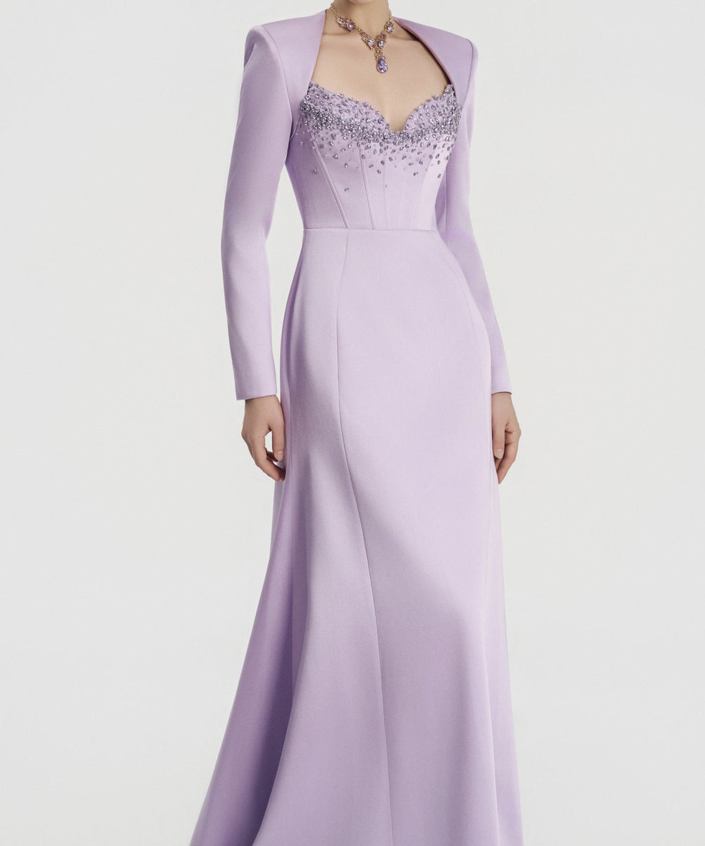 Lavender Long Sleeve Corset Beaded A-Line Formal Evening Gown