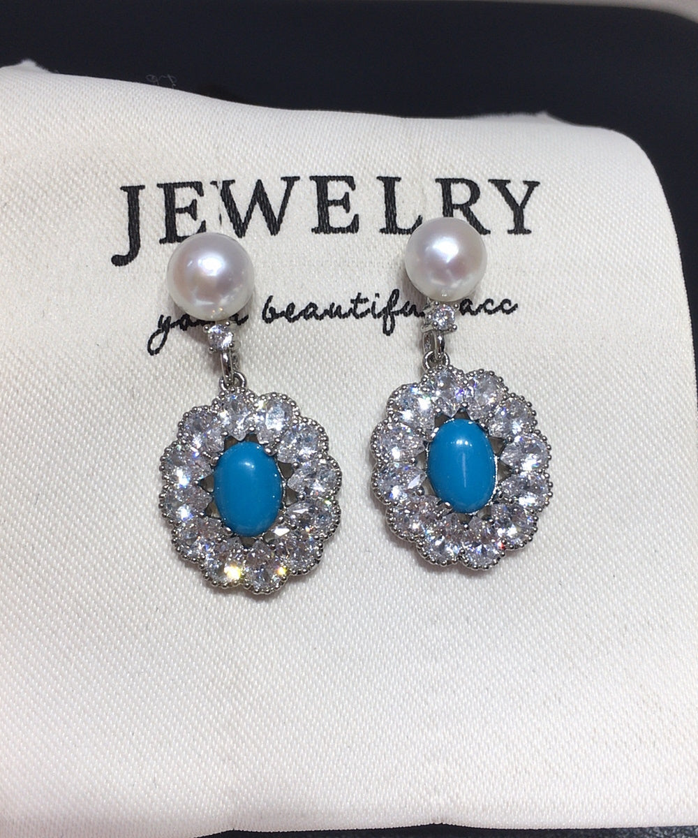 Vintage Oval Turquoise Halo Crystal Pearl Drop Dangle Earrings