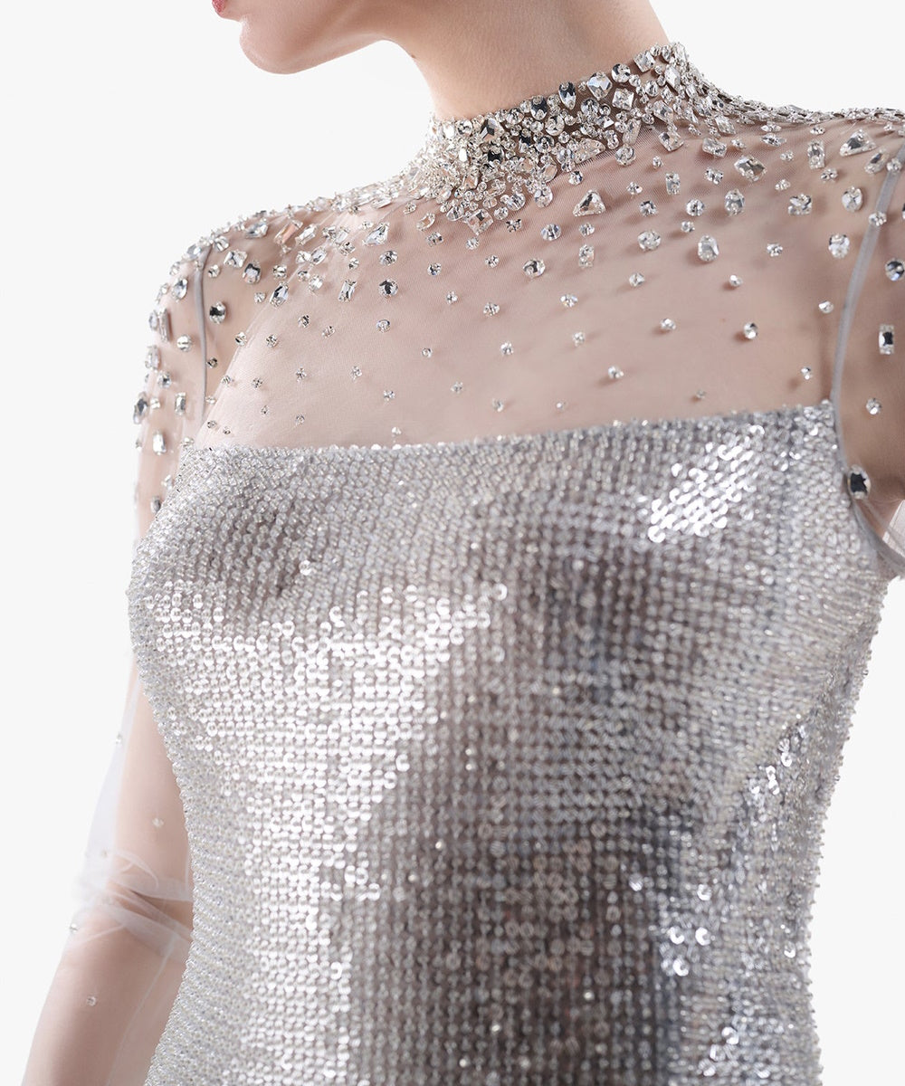Silver Sequin High Neck Sheer Mesh Long Sleeve Fitted Column Evening Gown