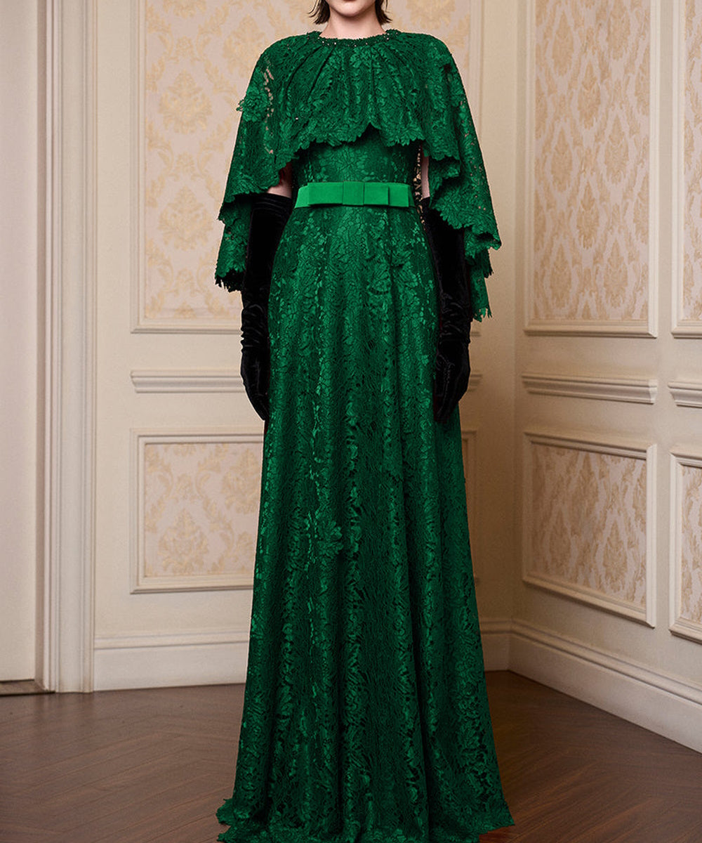 Emerald Green Lace Cape Maxi Formal Evening Gown With Belt