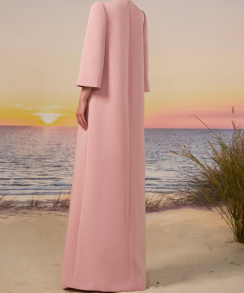 Dusty Pink Three Quarter Sleeve Beaded Mesh Neck Straight Maxi Evening Gown