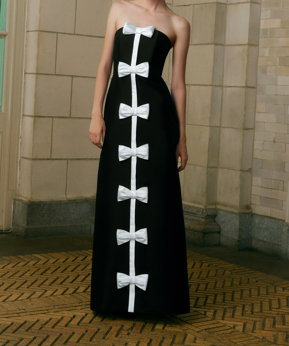 Black Strapless Satin Gown With Vertical White Bows