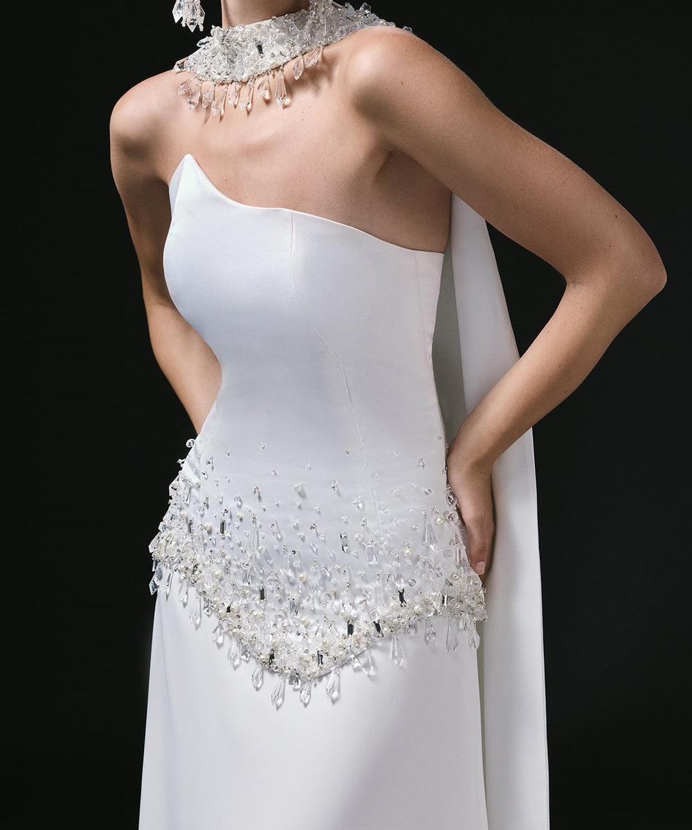 White Strapless Asymmetric Neckline Beaded Waist Formal Maxi Gown
