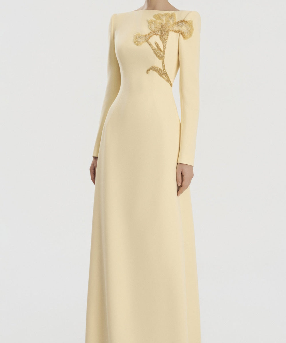 Pale Yellow Long Sleeve Boat Neck Beaded Floral Sheath Formal Gown