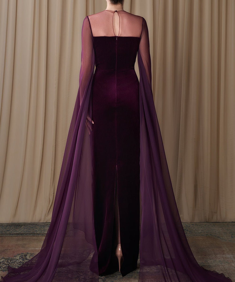 Dark Purple Velvet Mermaid Evening Gown With Flowing Chiffon Cape Sleeves