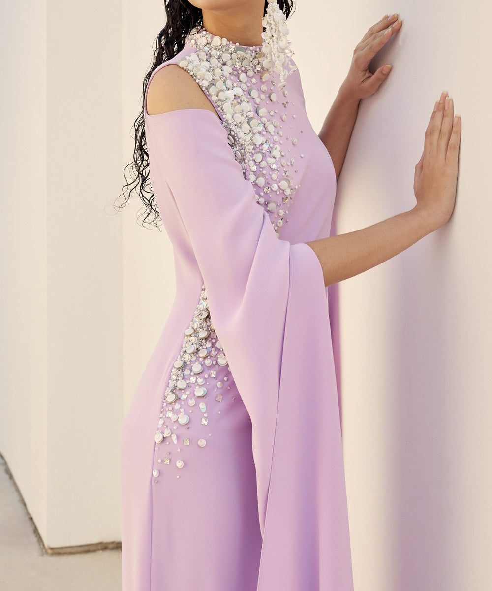 Lavender Cold Shoulder Cape Sleeve Rhinestone Beaded Straight Maxi Evening Dress