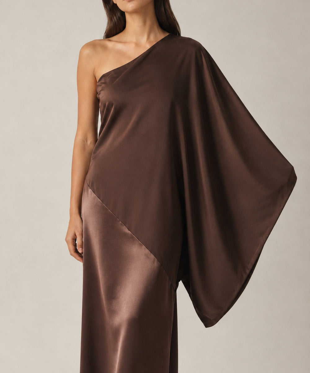 Chocolate Brown One Shoulder Satin Evening Gown With Draped Sleeve & Train