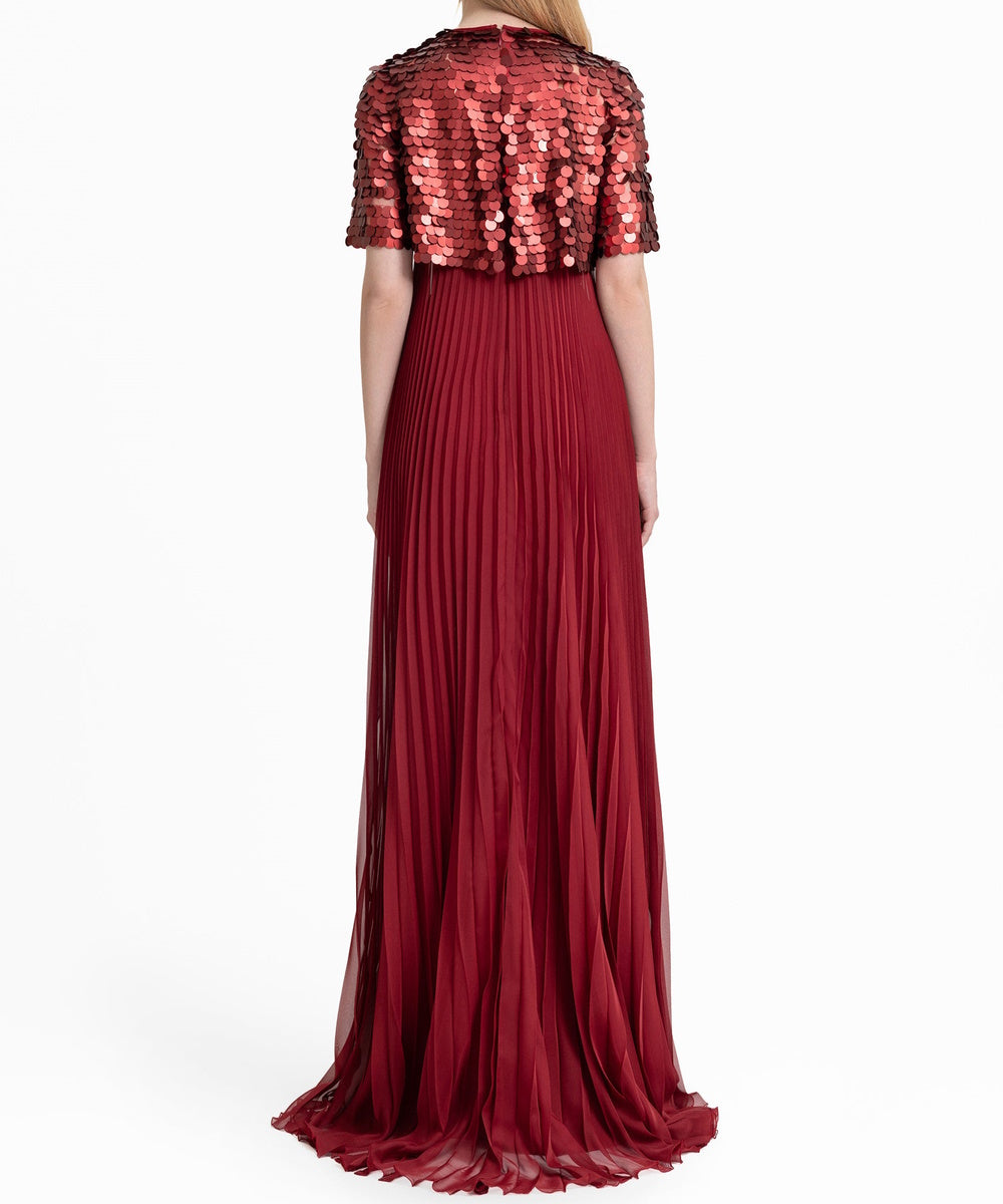 Burgundy Halter Pleated Chiffon Maxi Gown with Large Sequined Short Sleeve Cape